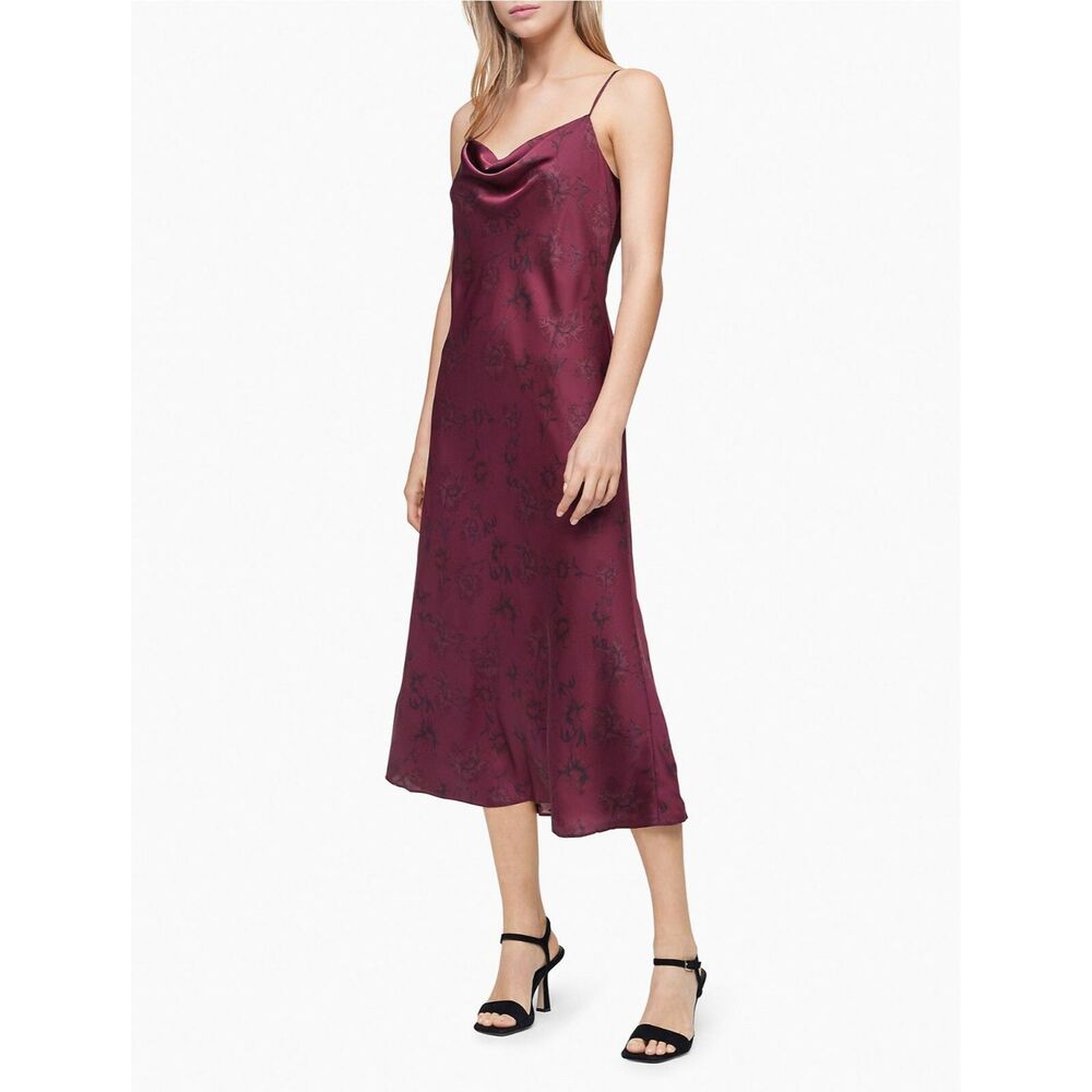 Calvin Klein Burgundy Floral Midi Dress Size 16 | Cowl Neck Slip Dress